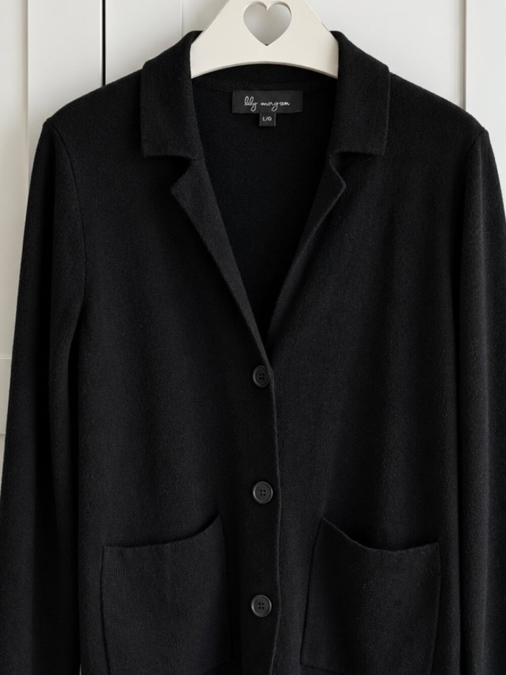 Lily Morgan Black Cotton Blend Knit Blazer Cardigan Size L PTP20 - Picture 2 of 9